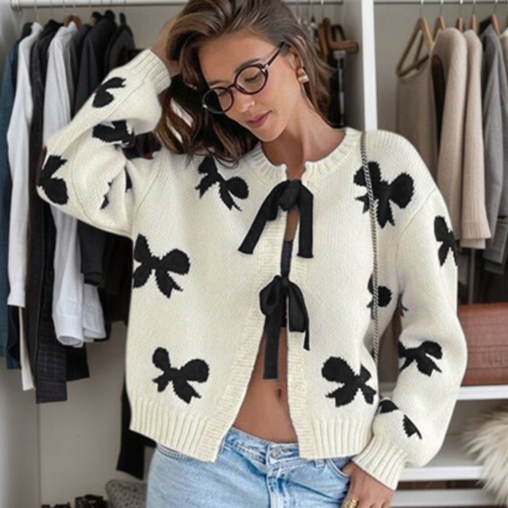 Off White Cardigan With Black Front Ties and Bow Print Pattern Oversized